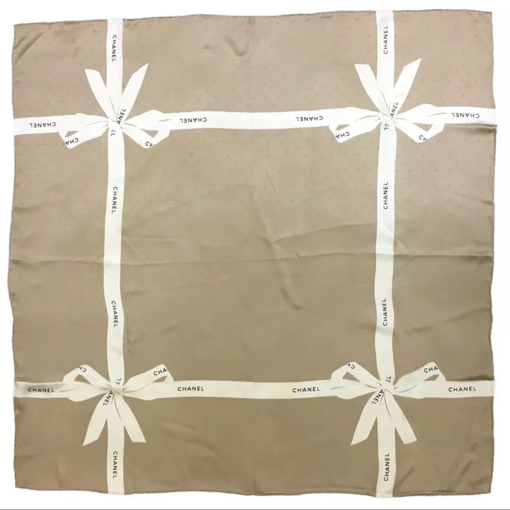 ❌❌SOLD❌❌AUTH CHANEL Logo Ribbon Silk Scarf Tan Beige - Picture 1 of 7
